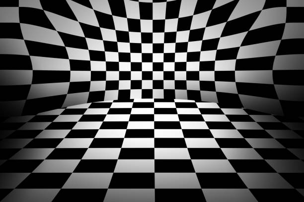 istock Black And White Checker floor Grunge Room. Checker floor lead into dark empty space 1129578597