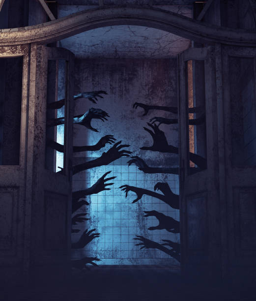 House of a thousand hands House of a thousand hands,Undead hands behind the doors in a haunted house,3d rendering hell photos stock pictures, royalty-free photos & images