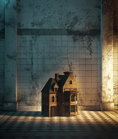 Dollhouse in haunted hallway,3d illustration for book cover