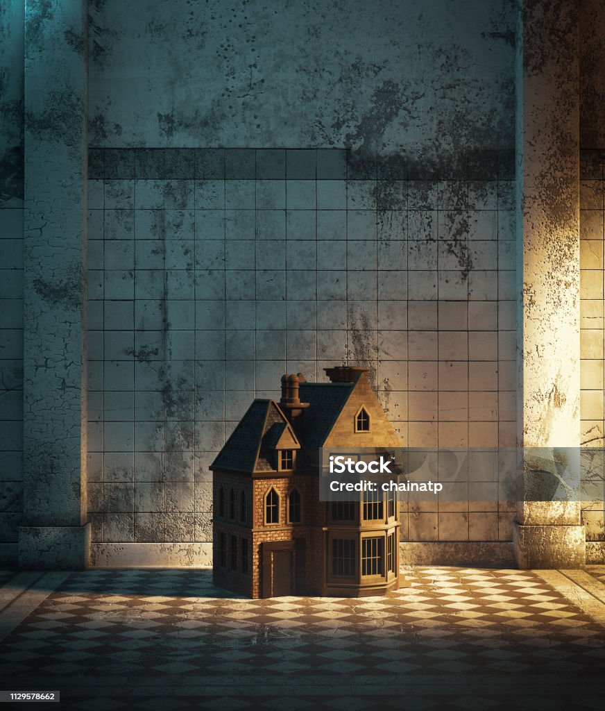 Dollhouse Dollhouse in haunted hallway,3d illustration for book cover Dollhouse Stock Photo