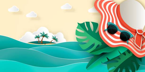 istock Summer sea background with sea, island, palm sunhat, sunglasses, monstera 3D vector 1129579475