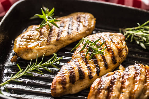 istock Grilled chicken breast in grill pan with herbs. 1129580400