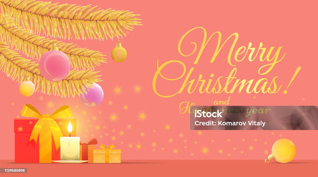 Cute vector illustration for Christmas and new year. Coral and gold greeting card for Christmas and new year holidays with a copy space It shows Christmas elements such as golden branches of fir, gifts, a candle, and Christmas decoration. These are on a coral background. Art stock vector