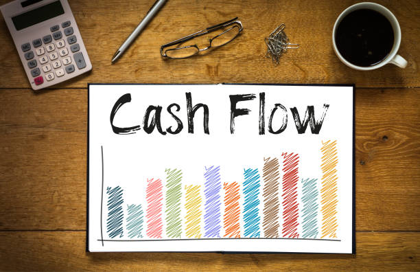 Cash flow Overhead top view of Cash Flow written in book on desk with a coloured bar chart and trend line.  Desk has coffee cup, glasses, pen and calculator cash flow photos stock pictures, royalty-free photos & images
