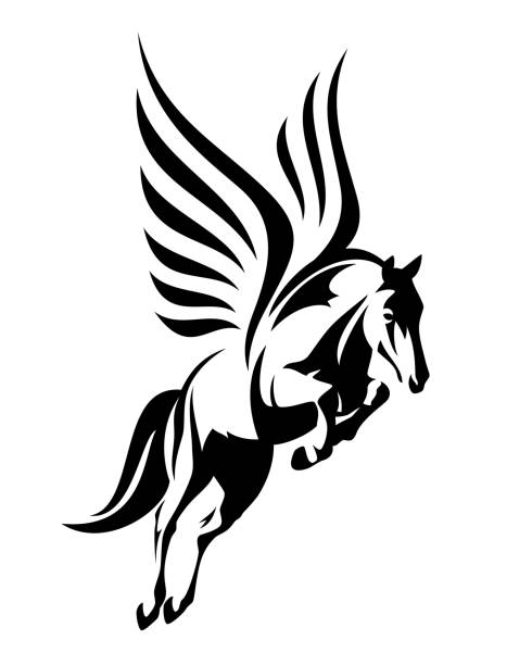 latający koń pegasus czarny projekt wektora - mythology horse pegasus black and white stock illustrations