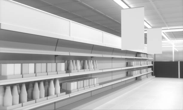 istock Supermarket With Hanging Banners 1129585125
