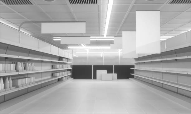 istock Supermarket With Hanging Banners 1129585139