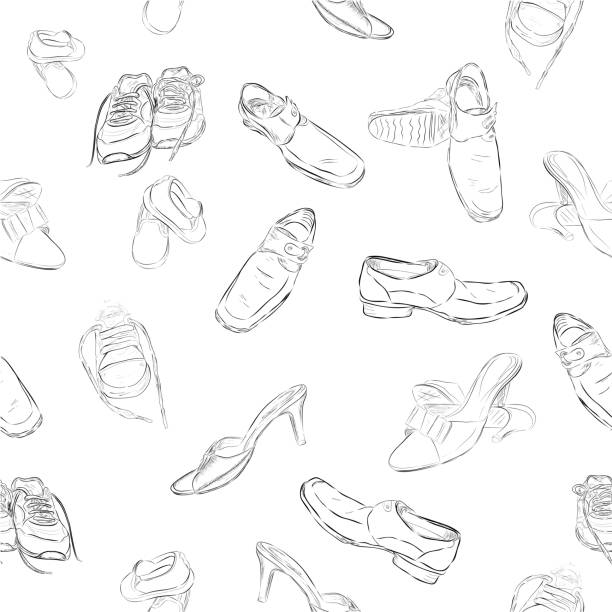 Simple Vector hand draw sketch Pattern seamless background man, woman and children shoes vector art illustration