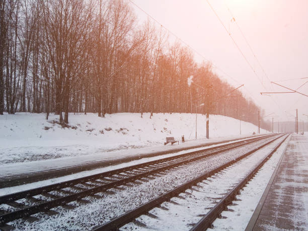 istock Railway in snow. Winter landscape 1129589481