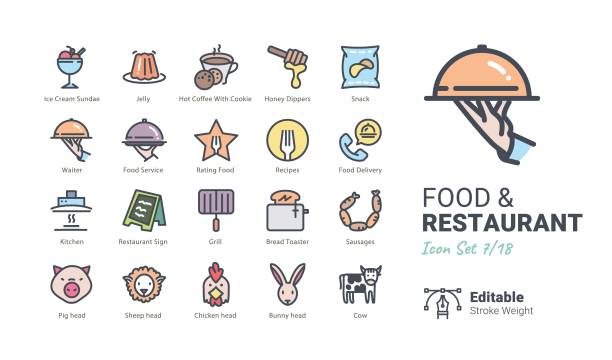 ilustraciones, imágenes clip art, dibujos animados e iconos de stock de comida y restaurante vector iconos - waiter food restaurant delivering
