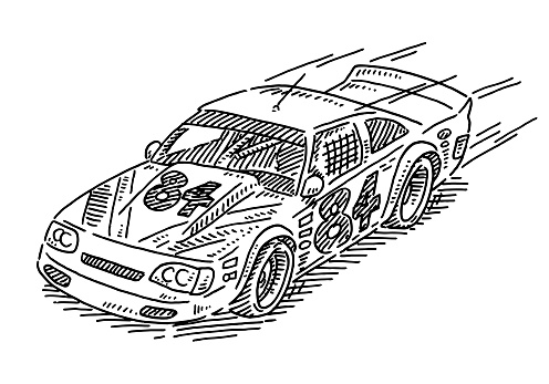 Hand-drawn vector drawing of an american Stock Car Racing vehicle. Black-and-White sketch on a transparent background (.eps-file). Included files are EPS (v10) and Hi-Res JPG.