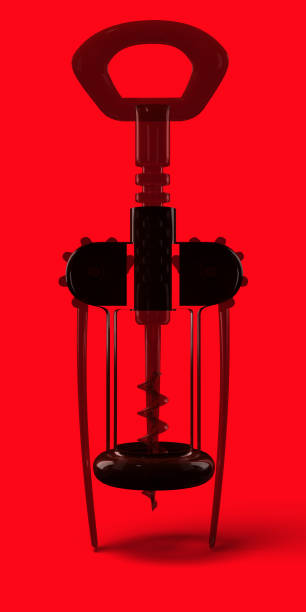istock Corkscrew closed. Transparent, bright, reflective, wheel, leverage. High resolution, glass cork screw. on a light red background. Realistic, 3d illustration 1129596976