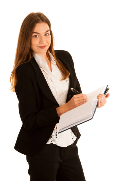 istock Attractive beautiful busienss woman with notebook and folder isolated over white background 1129597833