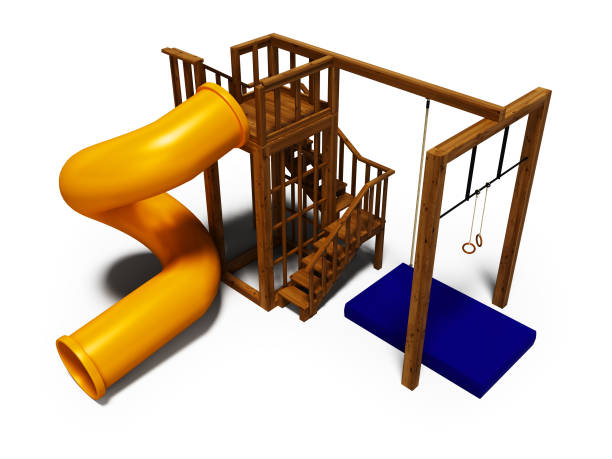 istock Playground with tree with an orange slide for children 3d render on white background with shadow 1129601009