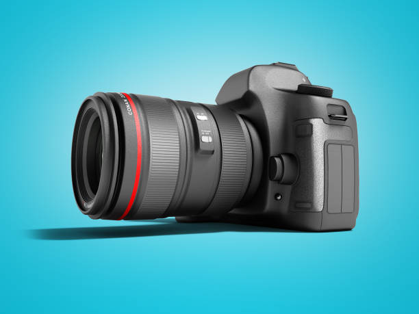 istock Professional camera with black leather inserts for travel photography 3d render on blue background with shadow 1129601048