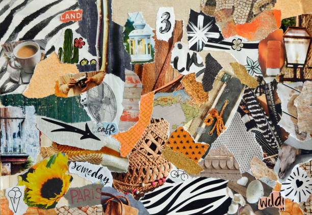 estado de ánimo junta collage naturaleza verano estilo de rasgados resultados de papel en el arte de reciclaje - teared fotografías e imágenes de stock