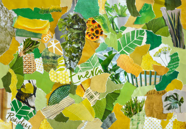 collage humor junta en colores amarillo verdes orgánicos con plantas y flores en estilo retro de rasgados resultados de papel antiguo reciclado en el arte moderno - teared fotografías e imágenes de stock