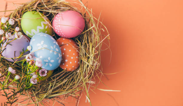 istock Colorful easter eggs in a nest on a orange background 1129602953