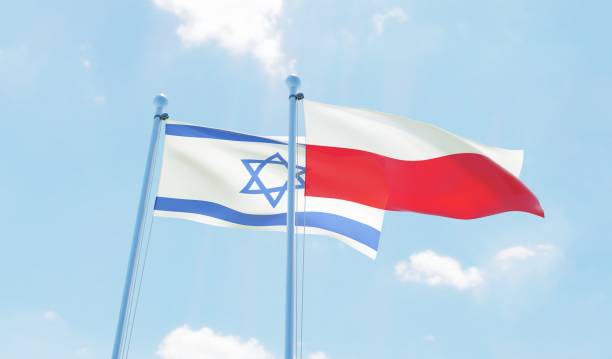 istock Poland and Israel, two flags waving against blue sky 1129603084