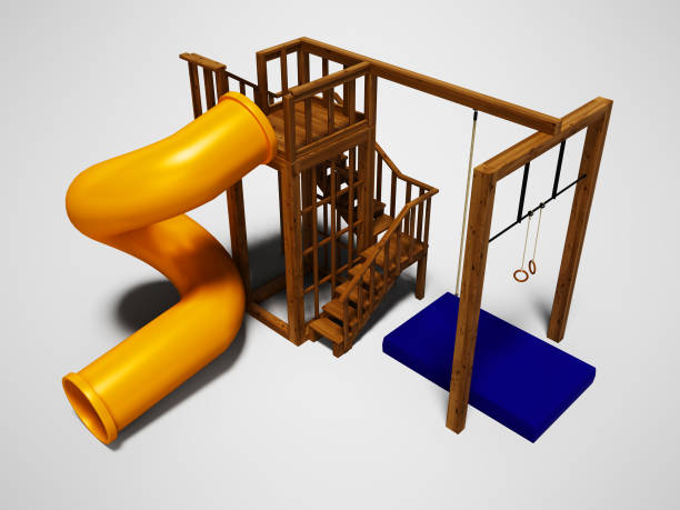 istock Playground with tree with an orange slide for children 3d render on gray background with shadow 1129603710