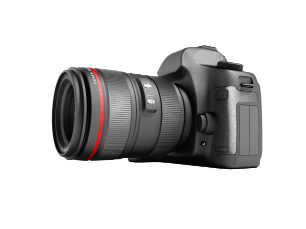 istock Professional camera with black leather inserts for travel photography 3d render on white background no shadow 1129603781