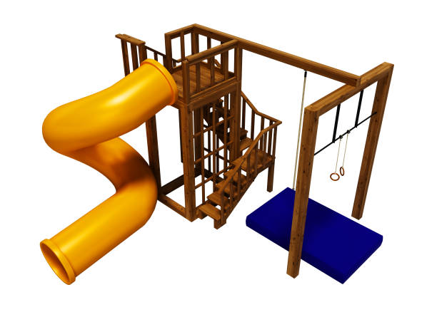 istock Playground with tree with an orange slide for children 3d render on white background no shadow 1129604134