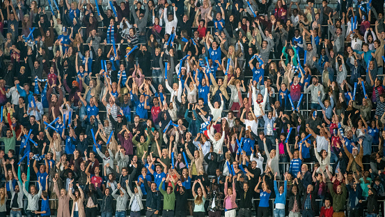 Group of football fans cheering while watching match in stadium.