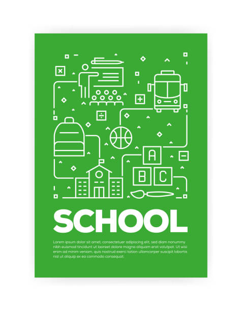 연례 보고서, 전단지, 팜플렛에 대 한 학교 개념 선 스타일 커버 디자인. - presentation poster student classroom stock illustrations