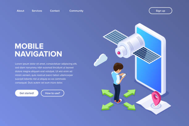ilustrações, clipart, desenhos animados e ícones de conceito de navegação móvel plano isométrico. pessoa usa o celular para pavimentar o caminho. satélite no fundo de um smartphone gigante. cartão com um alfinete. pode usar para web banner, infográficos, imagens do herói. - people traveling global positioning system travel mobile phone