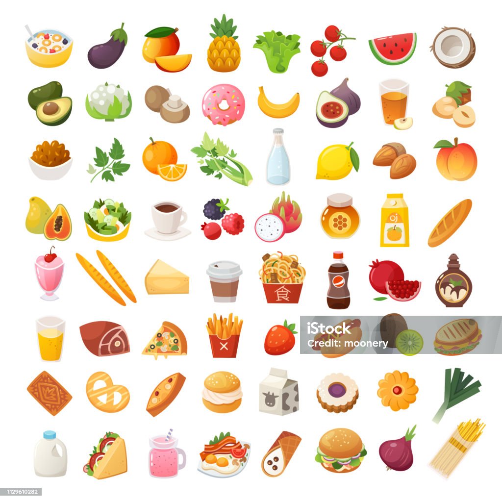 Food ingredients and dishes icons Set of colorful food icons. Bakery, dairy food, fruit and vegetables. Desserts fast food and pasta images. Isolated vector cartoon icons on white background. Food stock vector