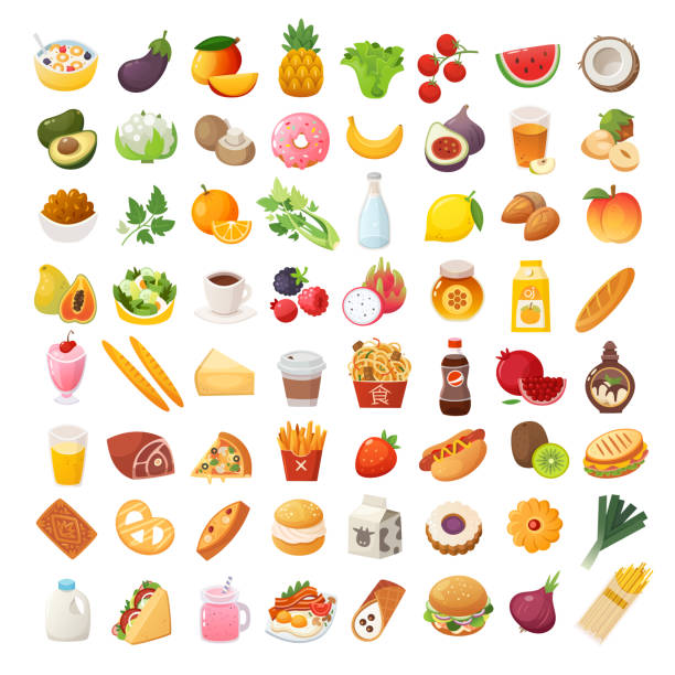 Food ingredients and dishes icons Set of colorful food icons. Bakery, dairy food, fruit and vegetables. Desserts fast food and pasta images. Isolated vector cartoon icons on white background. icon set illustrations stock illustrations