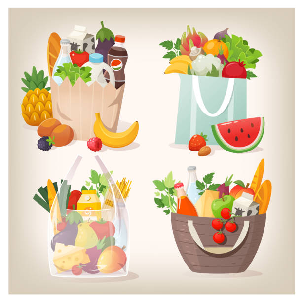 shopping-einkaufstüten mit lebensmitteln gefüllt - food bread groceries basket stock-grafiken, -clipart, -cartoons und -symbole