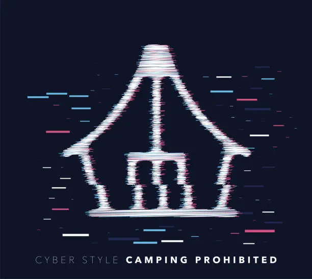 Vector illustration of Camping Prohibited Glitch Effect Vector Icon Illustration