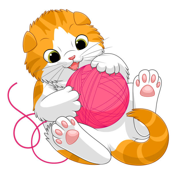 szkocki kotek bawi się piłką z przędzy - yarn ball stock illustrations