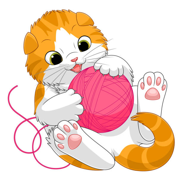 Scottish kitten playing with a ball of yarn Cartoon Scottish fold kitten playing with pink ball of yarn. Cartoon kittens series. See more similar kittens in my portfolio. kitten playing with yarn stock illustrations