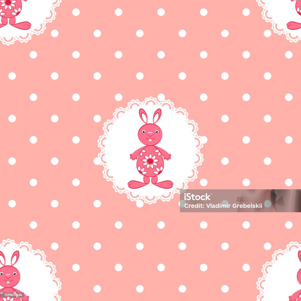 Pattern. Easter motives. Pattern. Easter motives. On a pink background in white peas there is a picture of pink hares in a circle of white laces. Vector illustration. Backgrounds stock vector