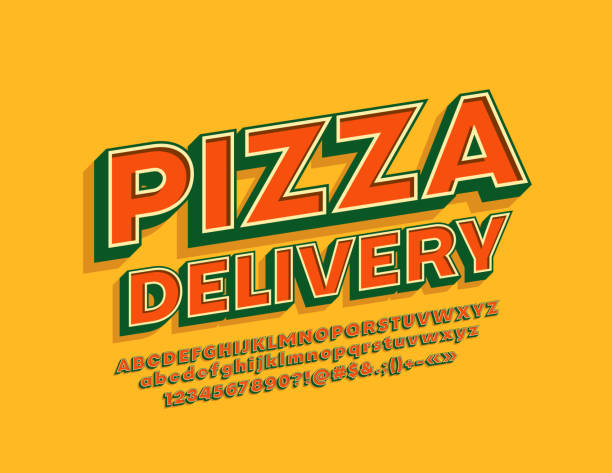 ilustrações de stock, clip art, desenhos animados e ícones de vector vintage style emblem pizza delivery with 3d cool alphabet - cultura italiana