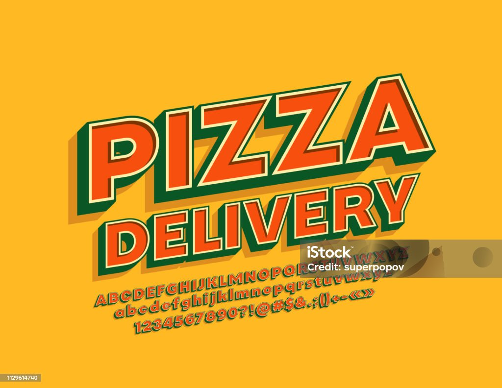 Vector vintage style emblem Pizza Delivery with 3D cool Alphabet Retro bright Letters, Numbers and Symbols Pizza stock vector