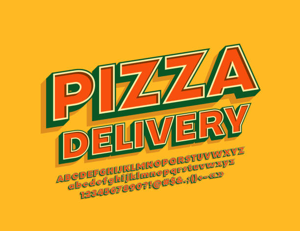 Vector vintage style emblem Pizza Delivery with 3D cool Alphabet Retro bright Letters, Numbers and Symbols pizza designs stock illustrations