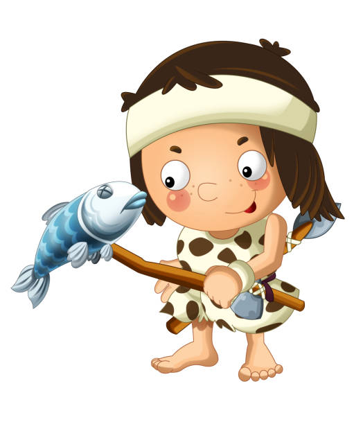 cartoon scene with happy caveman barbarian warrior grilling fish on white background cartoon scene with happy caveman barbarian warrior grilling fish on white background illustration for children man grilling white background stock illustrations