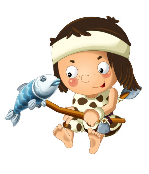cartoon scene with happy caveman barbarian warrior grilling fish on white background cartoon scene with happy caveman barbarian warrior grilling fish on white background illustration for children man grilling white background stock illustrations