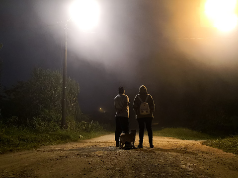 Couple of people accompanied by a small dog, standing on a dirt road, with a dark landscape and looking towards the horizon. Concept of mystery, danger, cinematography, and family.