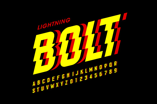 Lightning bolt style font design, alphabet letters and numbers vector illustration