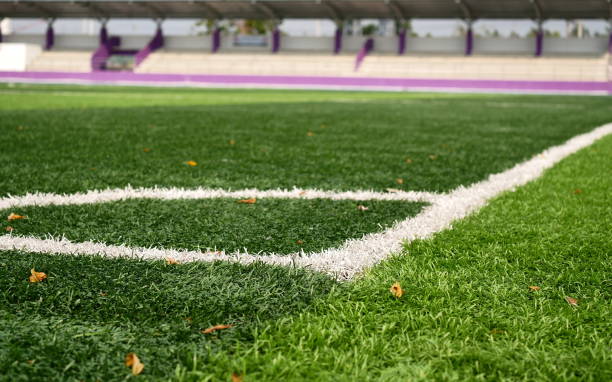 soccer net and field on bright green artificial turf - soccer soccer field artificial turf man made material imagens e fotografias de stock