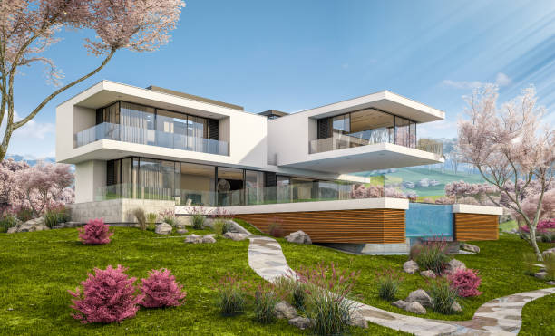 istock 3d rendering of modern house by the river in spring 1129630167