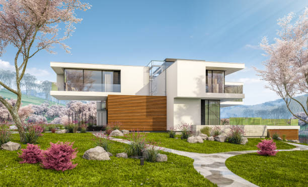 istock 3d rendering of modern house by the river in spring 1129630168