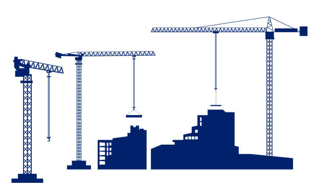 illustrations, cliparts, dessins animés et icônes de grue à tour set construit une maison. silhouettes bleus foncés des bâtiments et des grues isolés sur fond blanc. - skyscraper skyline built structure business