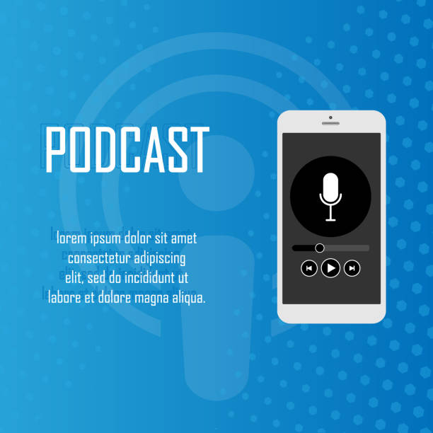 istock Podcast isometric 3d illustration, modern music radio show or audio blog concept, vector landing page template with people, microphone, sound studio interior in violet color 1129633574