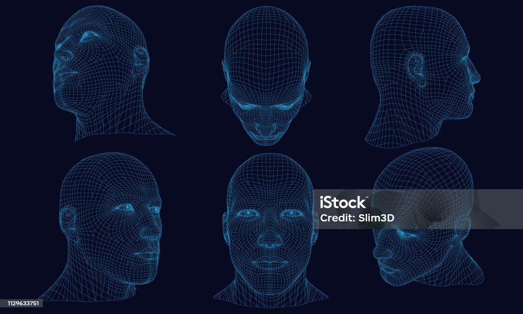 Set with a polygonal head of a man 3D Set with polygonal head of a man on a dark background. Wireframe of the head of a man from the blue lines. 3D. Detailed wireframe of the human head. Vector illustration. Human Face stock vector