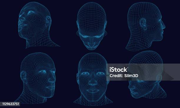 Set With A Polygonal Head Of A Man 3d Stock Illustration - Download Image Now - Human Face, Three Dimensional, Head